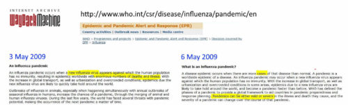 WHO changes the definition of a pandemic May 2006 - Before and after screenshots