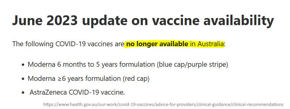 June 2023 Moderna pediatric vaccine no longer available in Australia