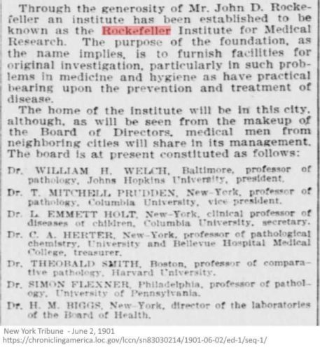 Rockefeller gift to establish the Medical Research Institute June 1901