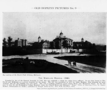 Maryland Hospital 1848 - land purchased by Johns Hopkins 1872