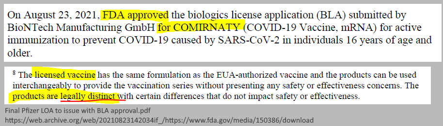 Final Pfizer letter of approval issued with BLA approval Aug 23 2021